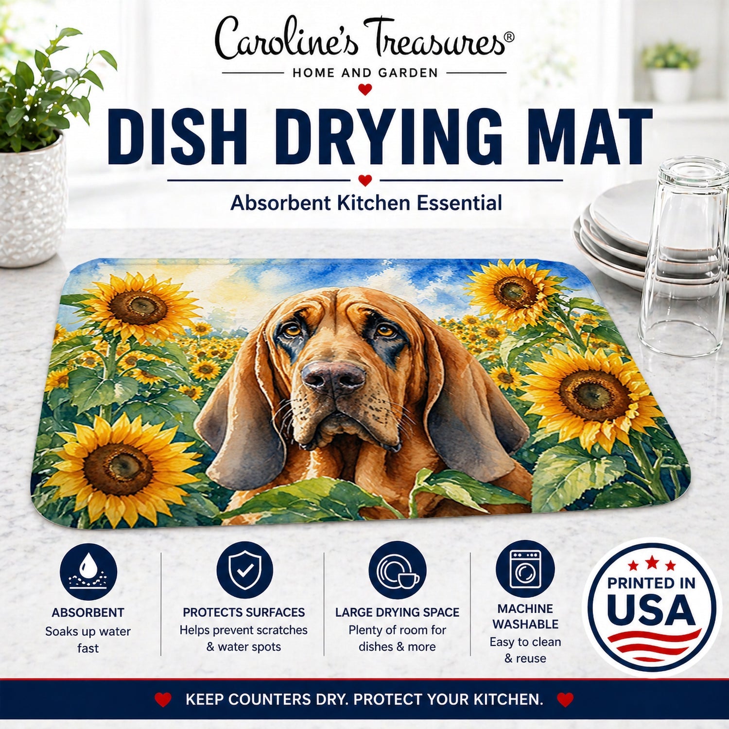 Bloodhound in Sunflowers Dish Drying Mat Absorbent Dish Drying Mat Pad for Kitchen Counter Dish Drainer Mat for Countertop, 14 x 21", Multicolor