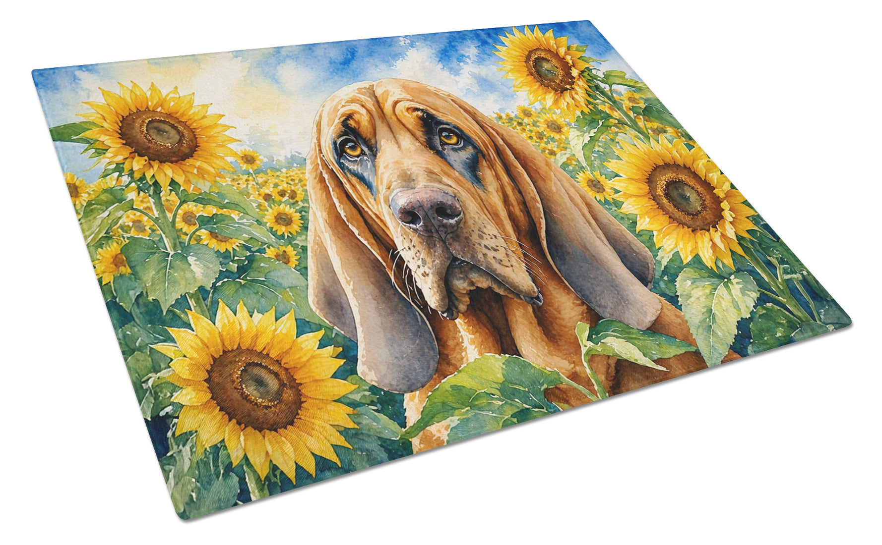 Bloodhound in Sunflowers Cutting Board Tempered Glass Kitchen Cutting Surface, Heat Resistant Chopping Board with Non-Slip Feet, Decorative Food Prep & Serving