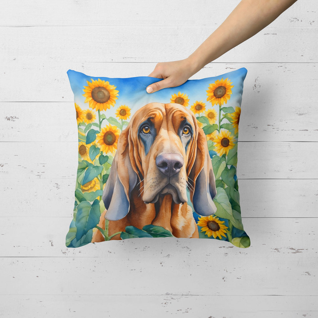 Bloodhound in Sunflowers Decorative Throw Pillow 18x18 Indoor Outdoor Accent Cushion, Fabric Cover with Insert for Sofa, Bed, Porch & Living Room