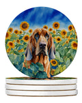 Bloodhound in Sunflowers Large Sandstone Coasters Pack of 4 Absorbent Round Coasters Decor Gifts for Men or Women, 4 in, Multicolor