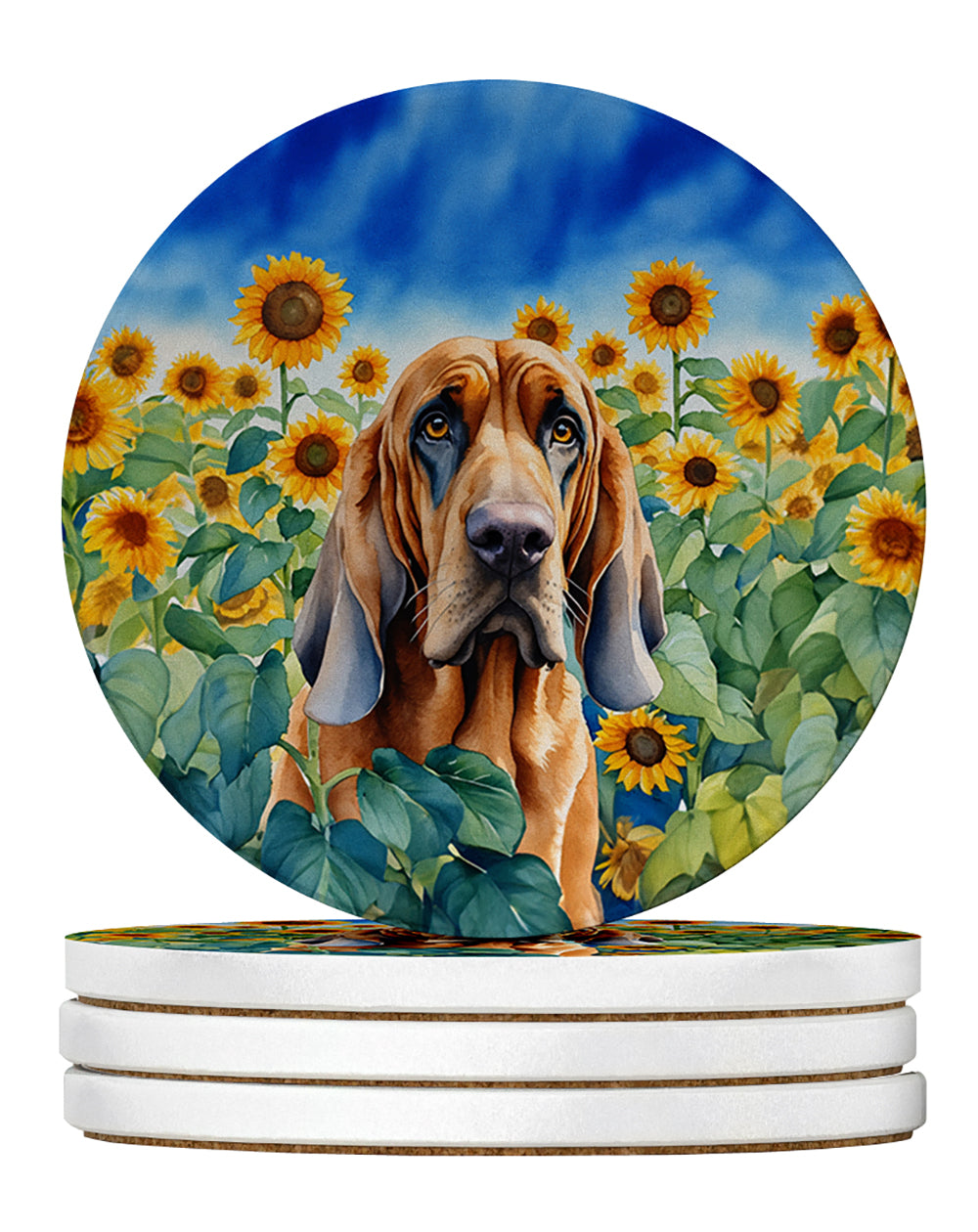 Bloodhound in Sunflowers Large Sandstone Coasters Pack of 4 Absorbent Round Coasters Decor Gifts for Men or Women, 4 in, Multicolor