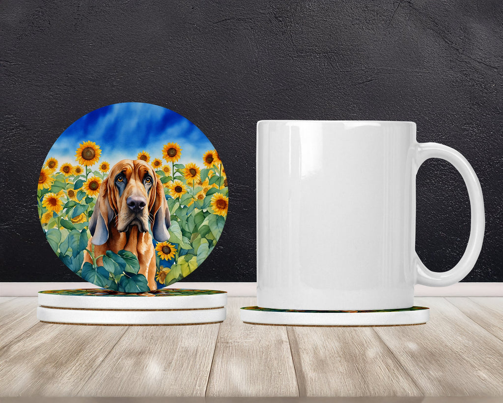 Bloodhound in Sunflowers Large Sandstone Coasters Pack of 4 Absorbent Round Coasters Decor Gifts for Men or Women, 4 in, Multicolor