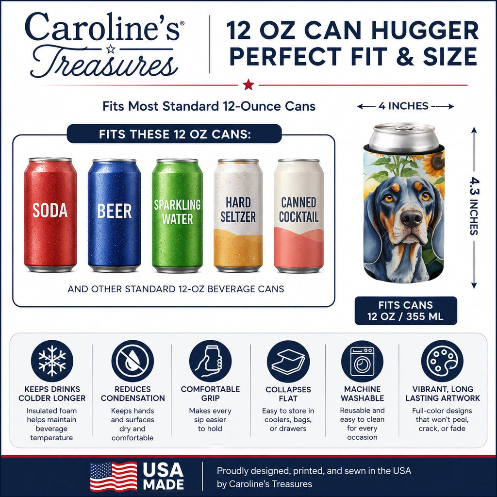 Bluetick Coonhound in Sunflowers Can or Bottle Hugger Cooler Sleeve for Standard 12 oz Cans, Insulated Foam Beer & Soda Can Hugger Reusable
