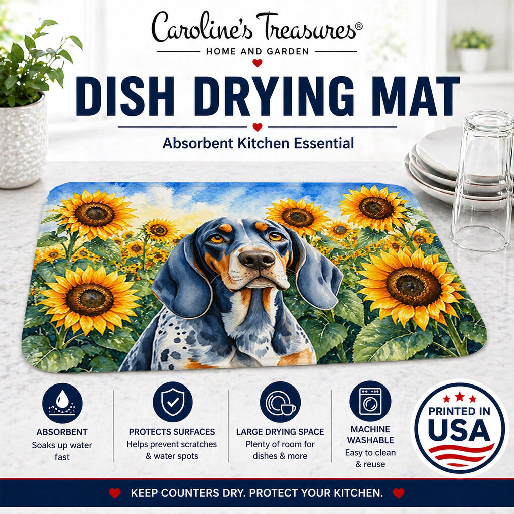 Bluetick Coonhound in Sunflowers Dish Drying Mat Absorbent Dish Drying Mat Pad for Kitchen Counter Dish Drainer Mat for Countertop, 14 x 21", Multicolor