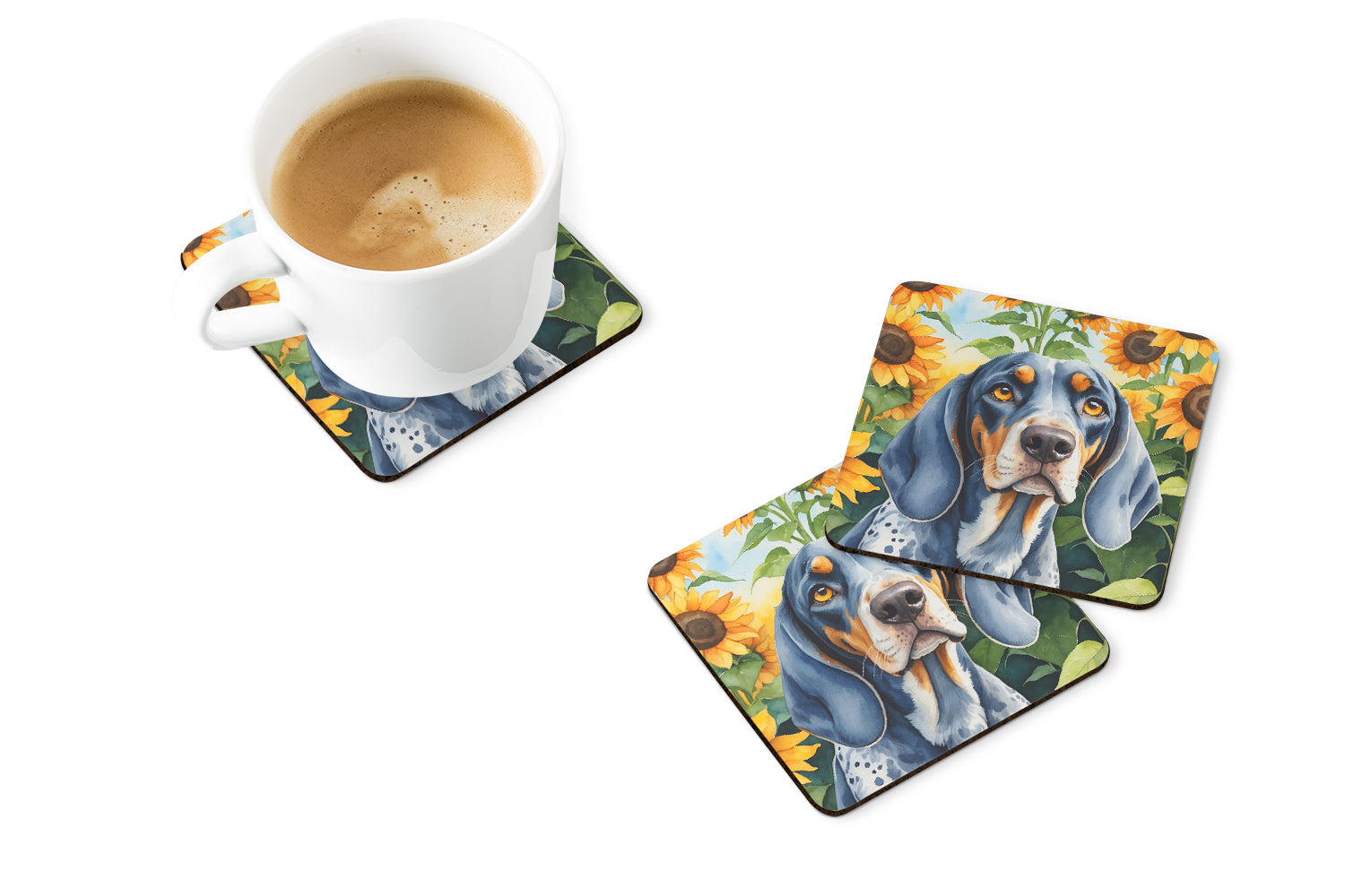 Bluetick Coonhound in Sunflowers Foam Coasters Set of 4 Cup Coasters for Indoor Outdoor, Tabletop Protection, Anti Slip, Mouse pad Material