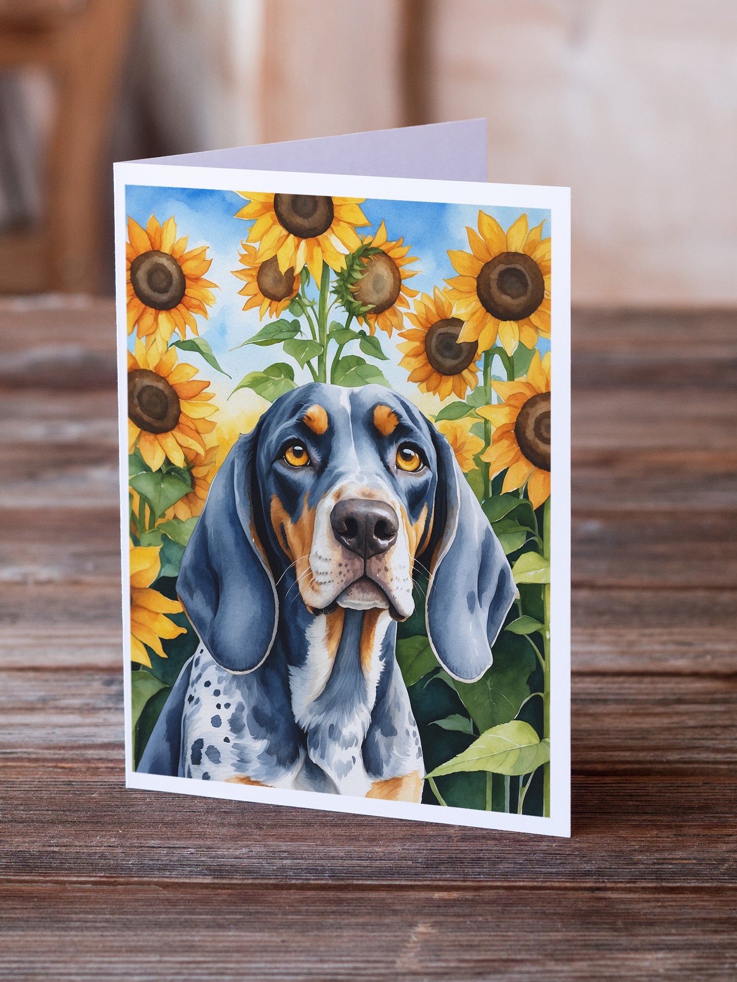 Bluetick Coonhound in Sunflowers Greeting Cards Pack of 8 Blank Cards with Envelopes Whimsical A7 Size 5x7