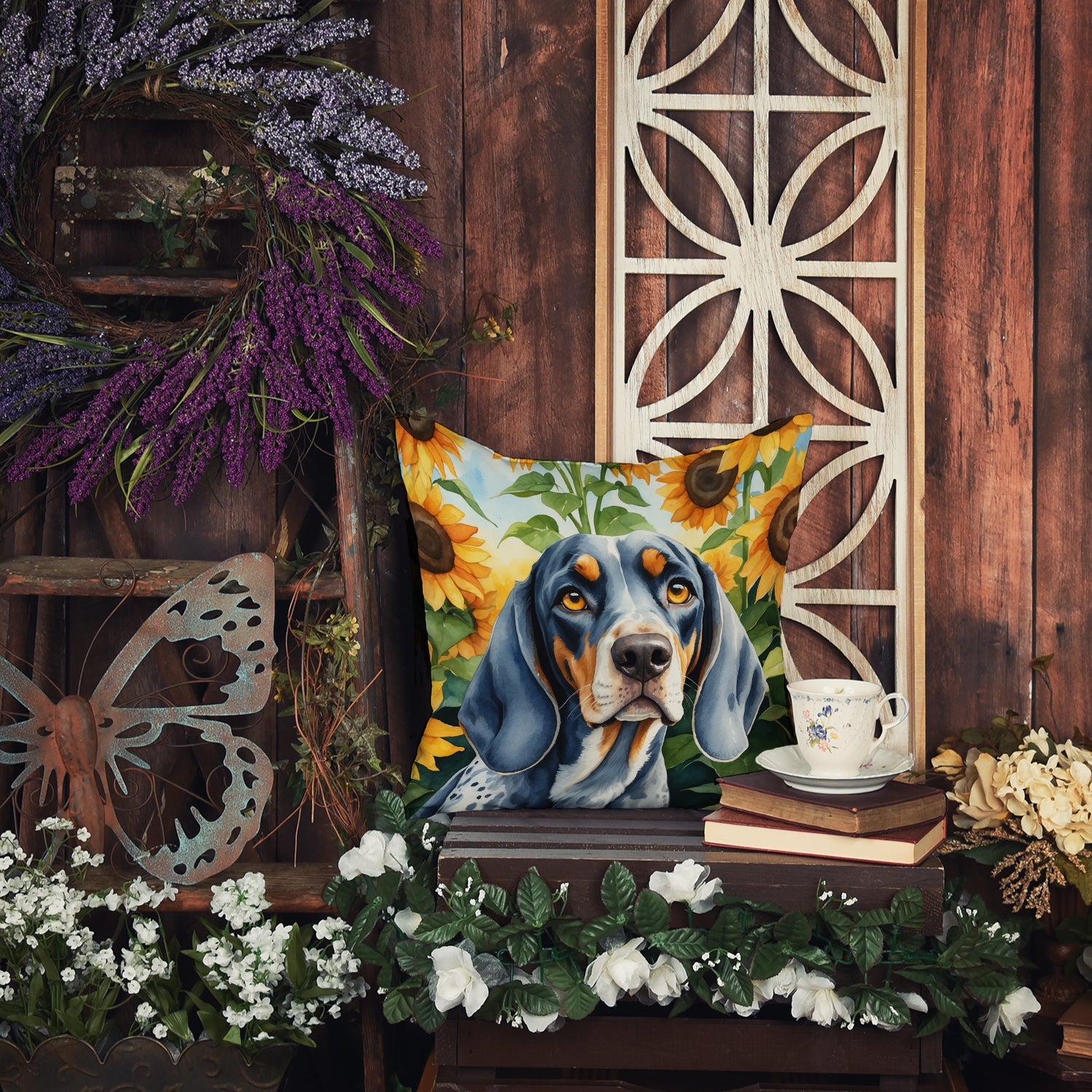 Bluetick Coonhound in Sunflowers Decorative Throw Pillow 14x14 Indoor Outdoor Accent Cushion, Fabric Cover with Insert for Sofa, Bed, Porch & Living Room