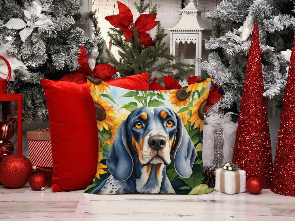 Bluetick Coonhound in Sunflowers Decorative Throw Pillow 14x14 Indoor Outdoor Accent Cushion, Fabric Cover with Insert for Sofa, Bed, Porch & Living Room