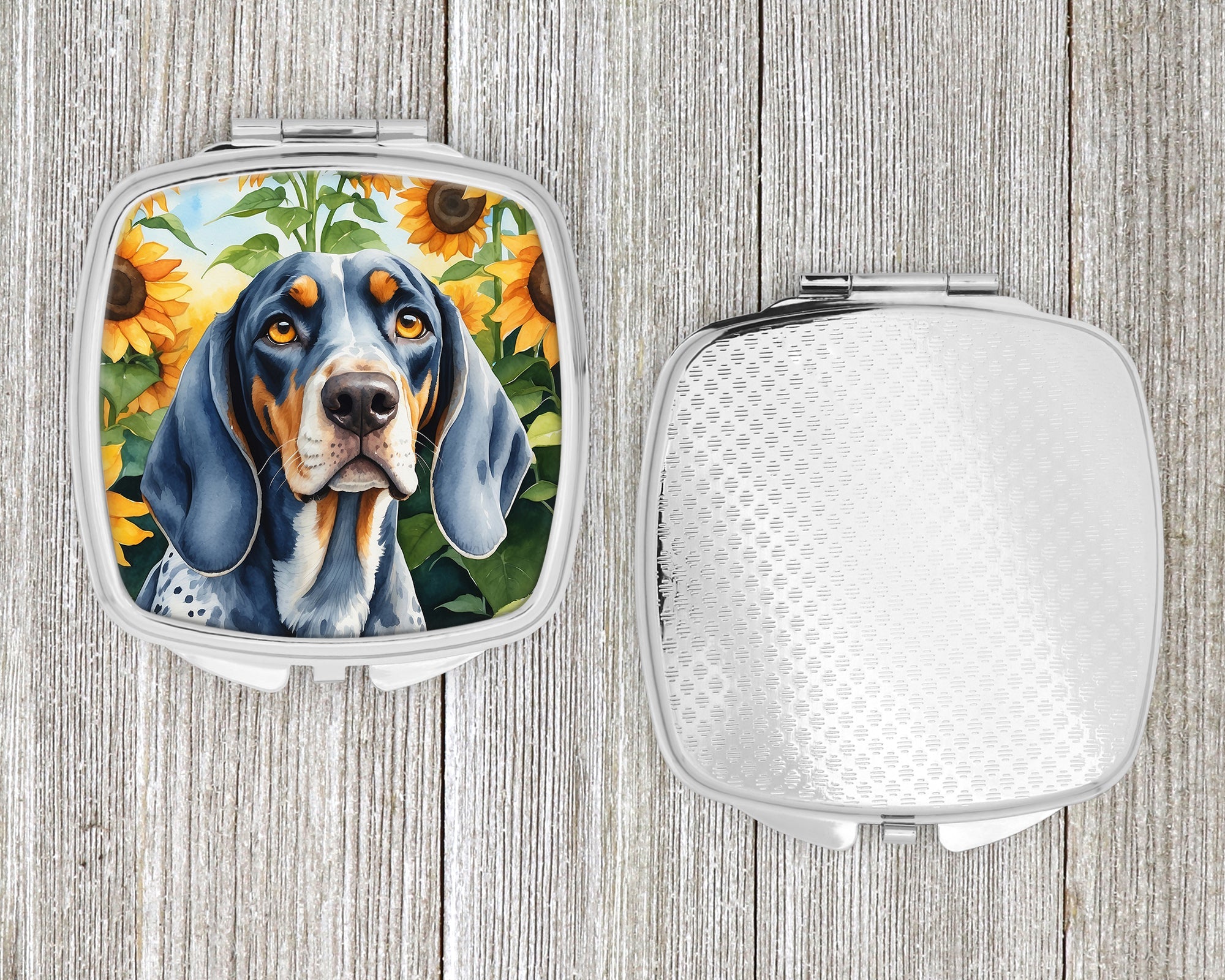 Bluetick Coonhound in Sunflowers Compact Mirror Decorative Travel Makeup Mirror for Women Girls Gifts Pocket Makeup Mirror Folding Handheld
