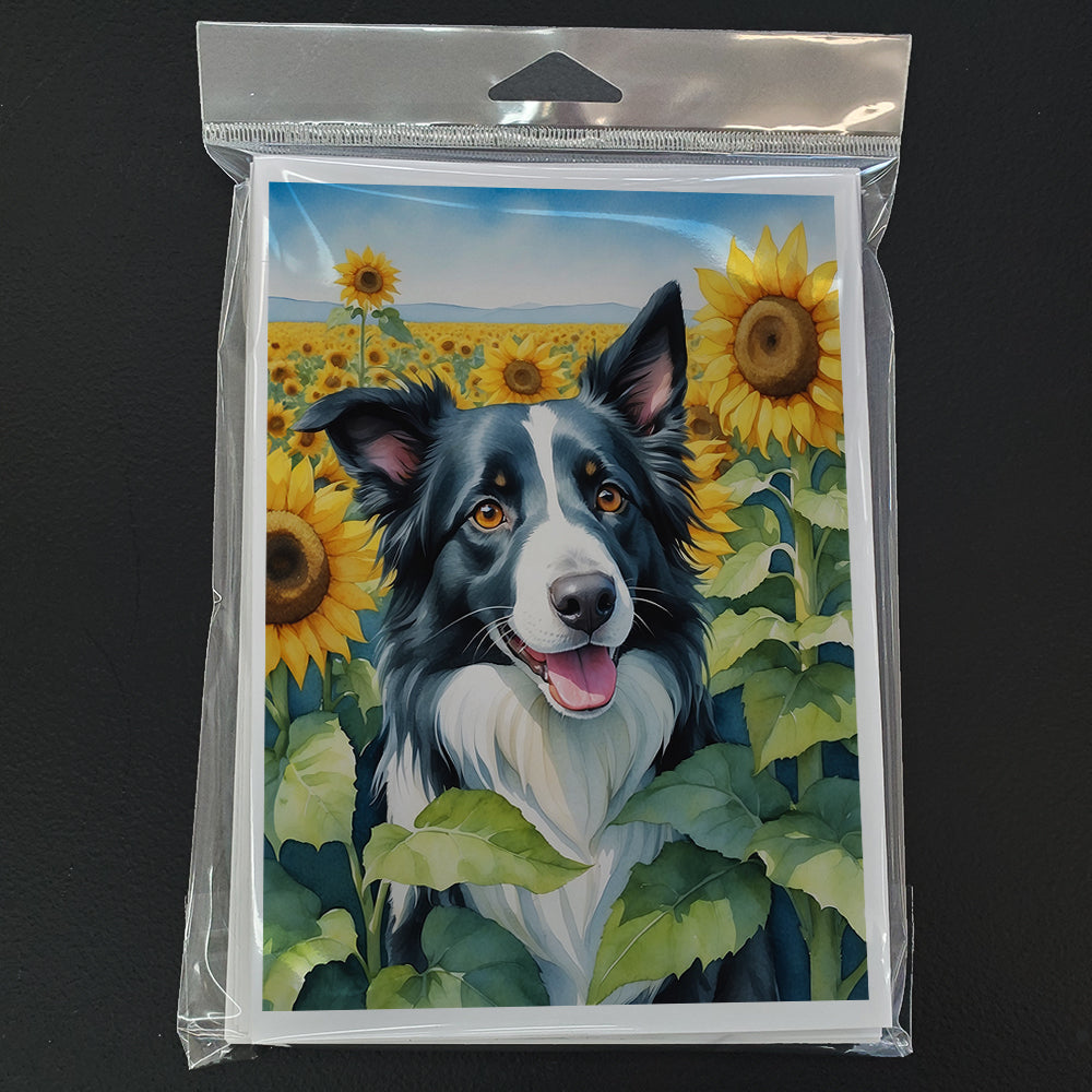 Border Collie in Sunflowers Greeting Cards Pack of 8 Blank Cards with Envelopes Whimsical A7 Size 5x7