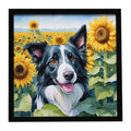 Border Collie in Sunflowers Framed Metal Print Bathroom, Kitchen, Office, Home Decor Wall Art Ready to Hang, Square, 8X8