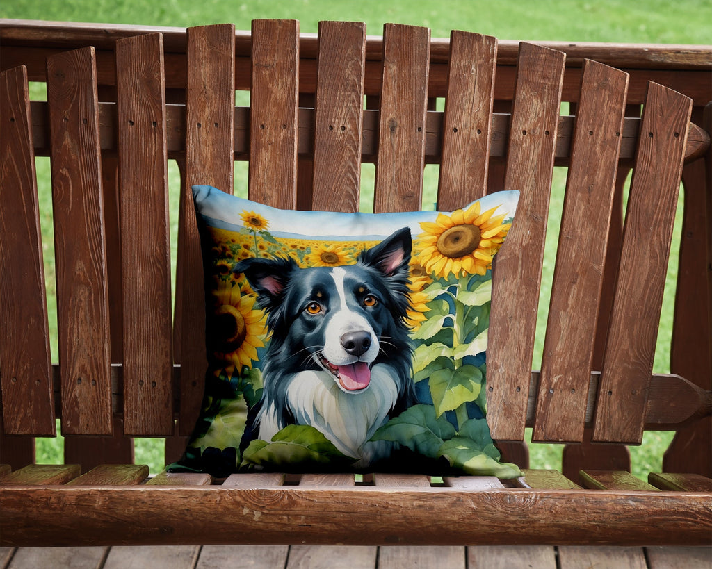Border Collie in Sunflowers Decorative Throw Pillow 14x14 Indoor Outdoor Accent Cushion, Fabric Cover with Insert for Sofa, Bed, Porch & Living Room