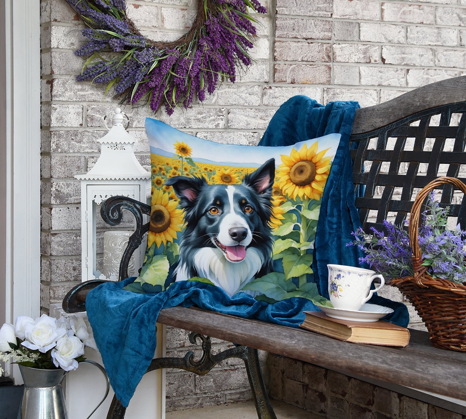 Border Collie in Sunflowers Decorative Throw Pillow 18x18 Indoor Outdoor Accent Cushion, Fabric Cover with Insert for Sofa, Bed, Porch & Living Room