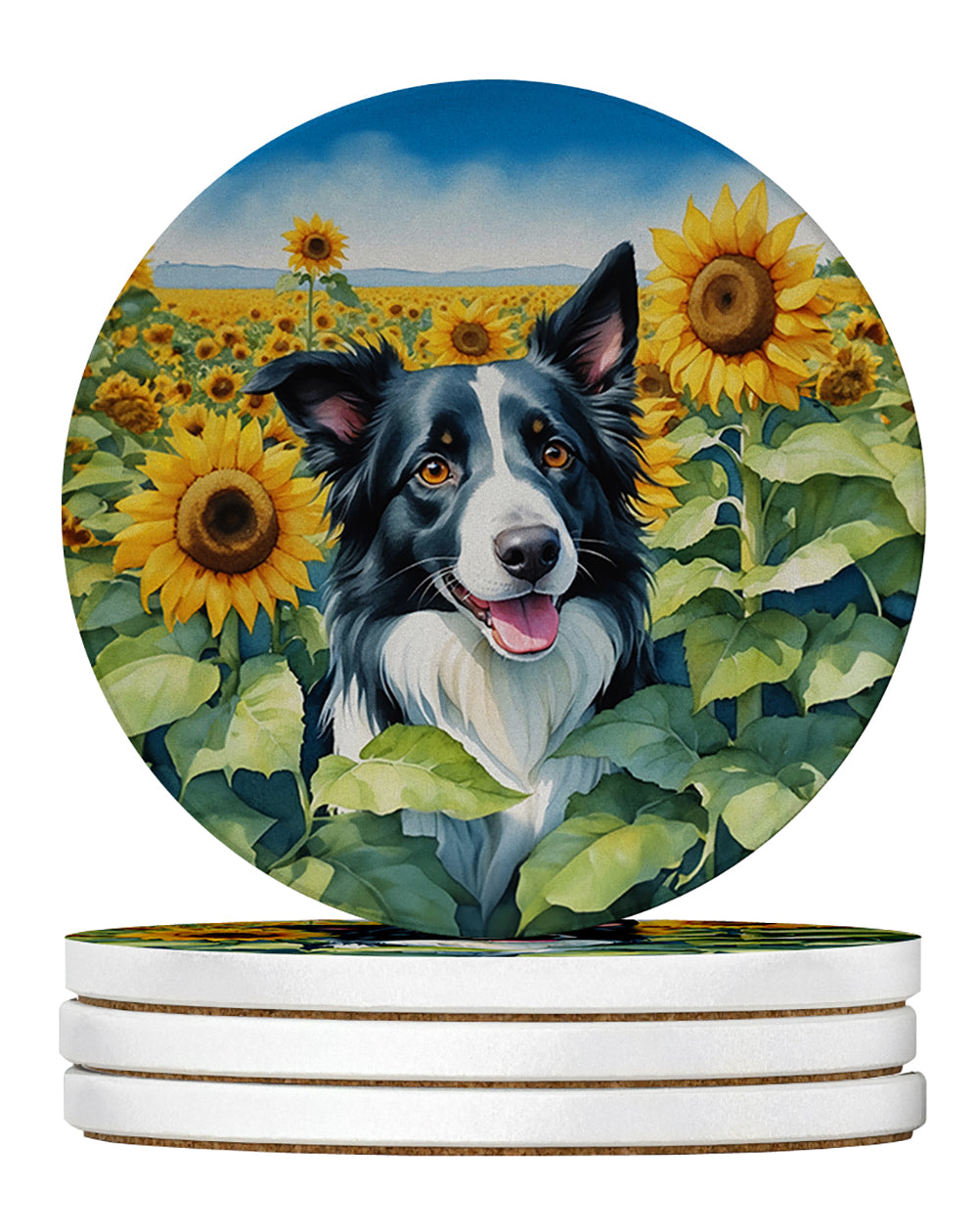 Border Collie in Sunflowers Large Sandstone Coasters Pack of 4 Absorbent Round Coasters Decor Gifts for Men or Women, 4 in, Multicolor