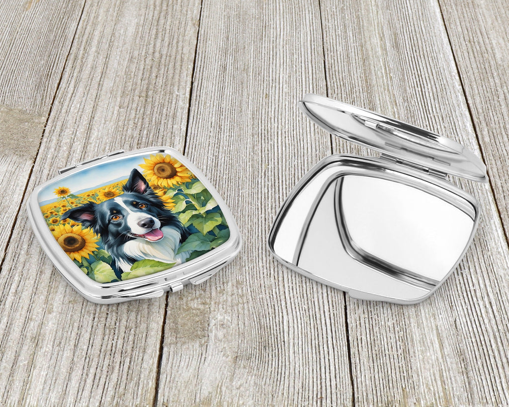 Border Collie in Sunflowers Compact Mirror Decorative Travel Makeup Mirror for Women Girls Gifts Pocket Makeup Mirror Folding Handheld
