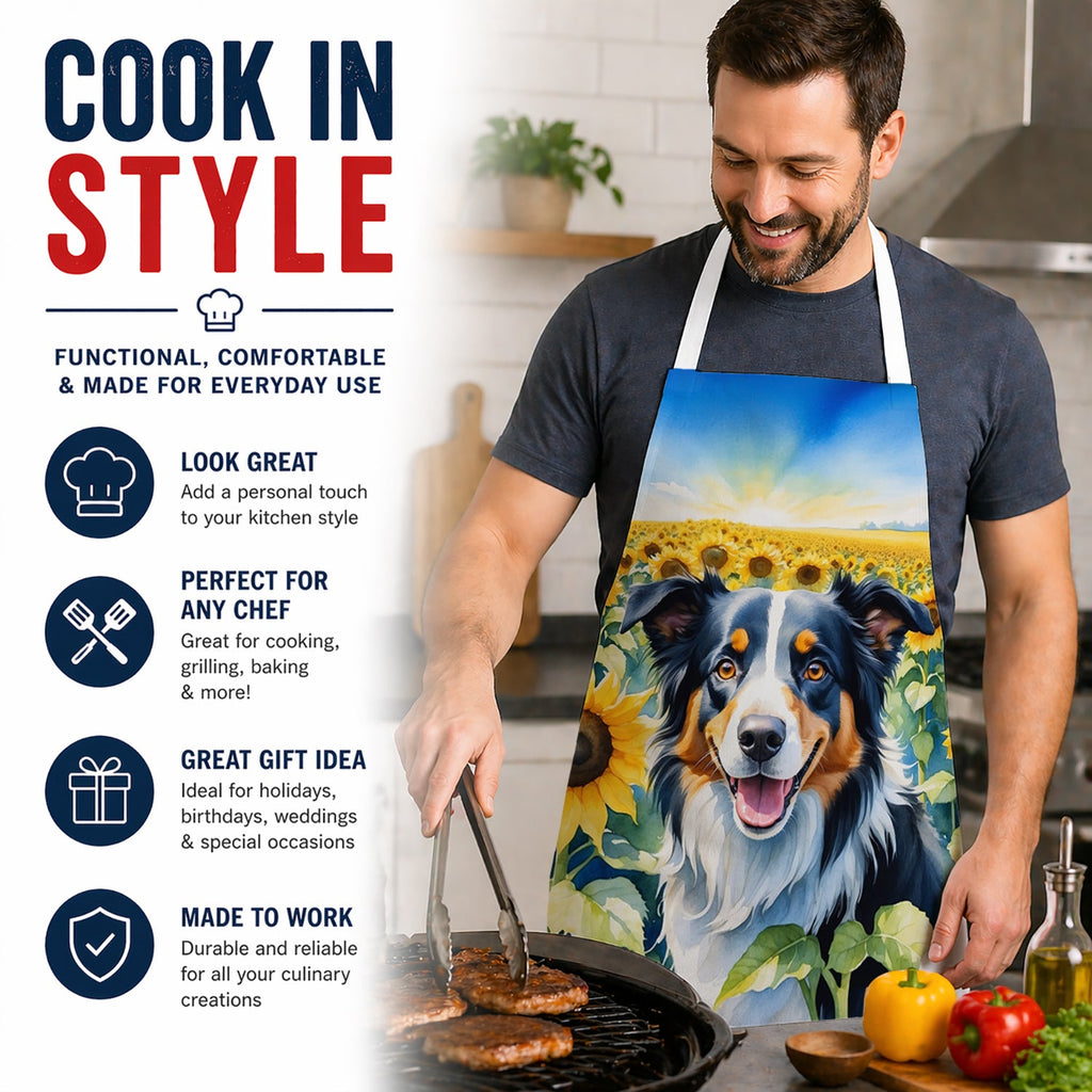 Border Collie in Sunflowers Apron Cooking Kitchen Server Baking Crafts Gardening for Adult Women Men, Unisex, Large, Multicolor