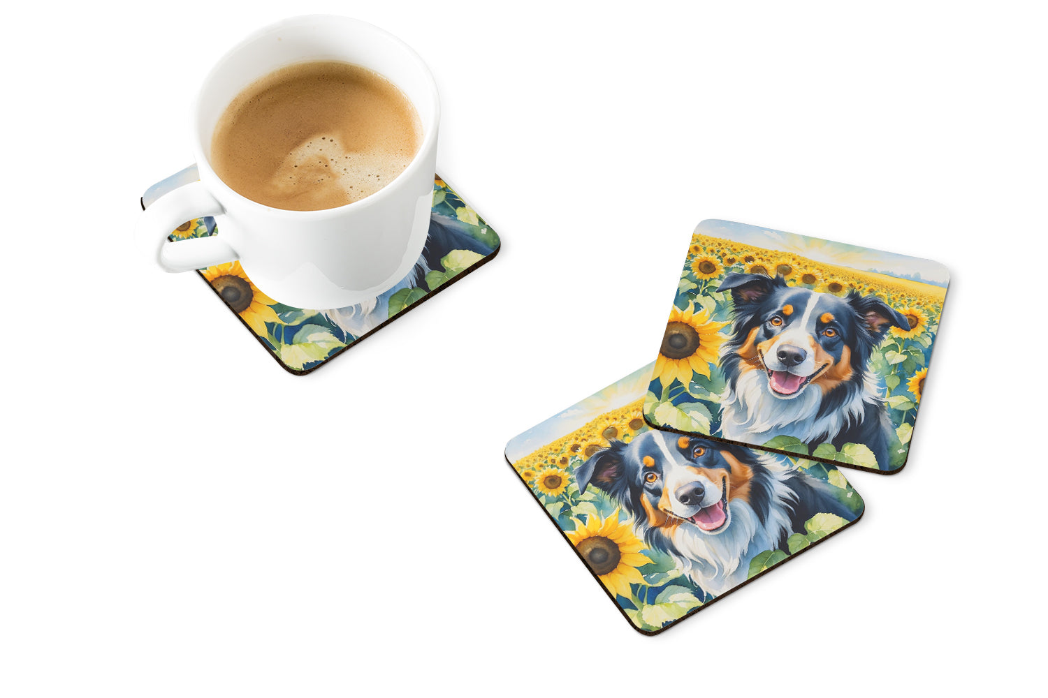 Border Collie in Sunflowers Foam Coasters Set of 4 Cup Coasters for Indoor Outdoor, Tabletop Protection, Anti Slip, Mouse pad Material