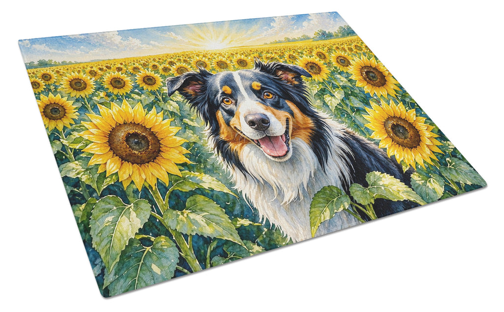 Border Collie in Sunflowers Cutting Board Tempered Glass Kitchen Cutting Surface, Heat Resistant Chopping Board with Non-Slip Feet, Decorative Food Prep & Serving