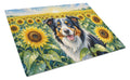Border Collie in Sunflowers Cutting Board Tempered Glass Kitchen Cutting Surface, Heat Resistant Chopping Board with Non-Slip Feet, Decorative Food Prep & Serving