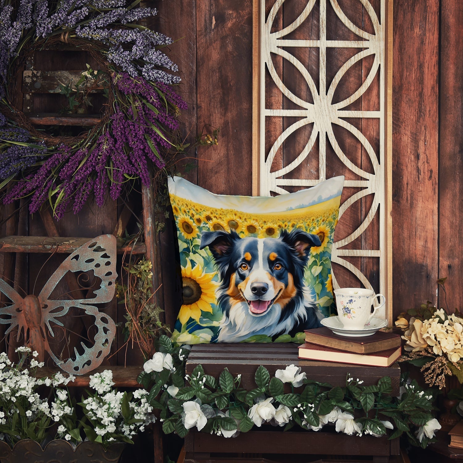Border Collie in Sunflowers Decorative Throw Pillow 14x14 Indoor Outdoor Accent Cushion, Fabric Cover with Insert for Sofa, Bed, Porch & Living Room