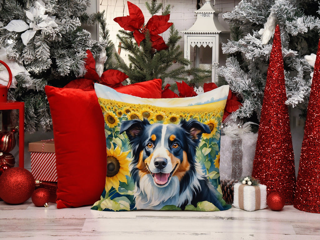 Border Collie in Sunflowers Decorative Throw Pillow 14x14 Indoor Outdoor Accent Cushion, Fabric Cover with Insert for Sofa, Bed, Porch & Living Room