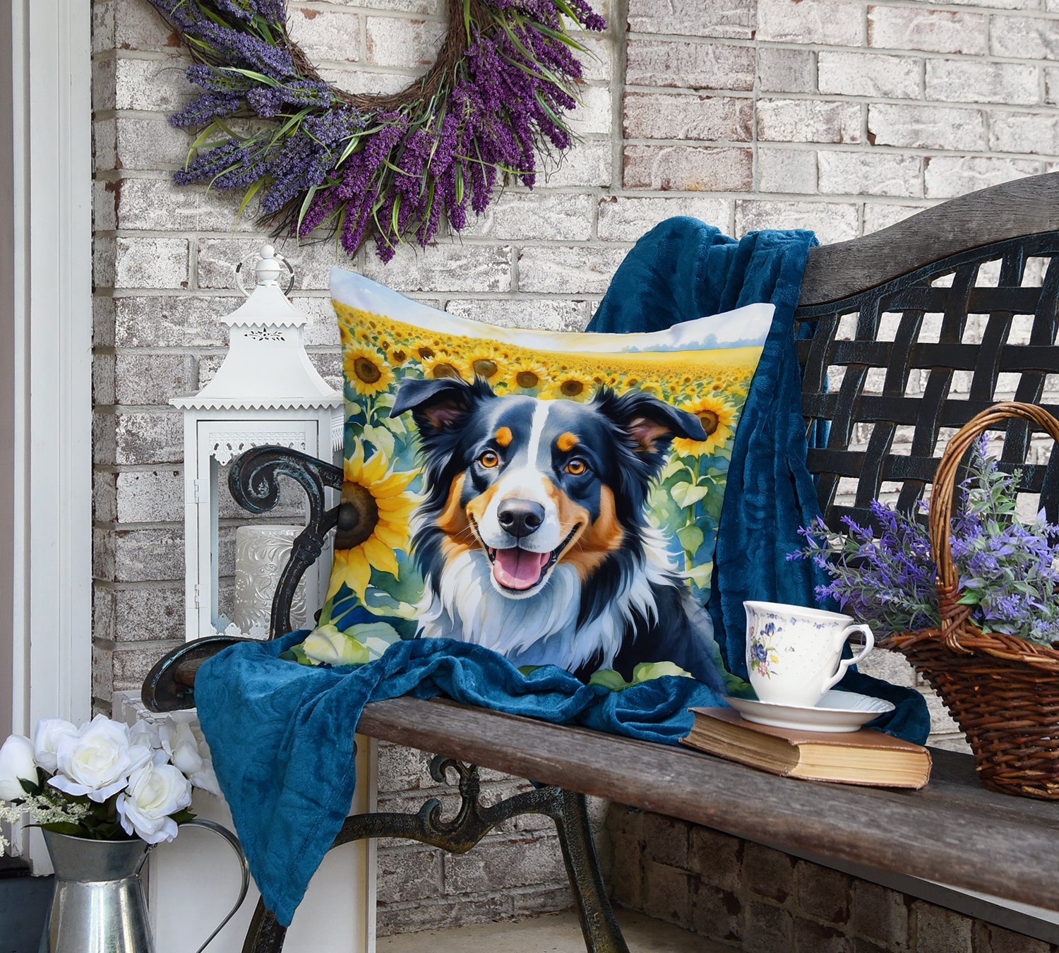 Border Collie in Sunflowers Decorative Throw Pillow 18x18 Indoor Outdoor Accent Cushion, Fabric Cover with Insert for Sofa, Bed, Porch & Living Room
