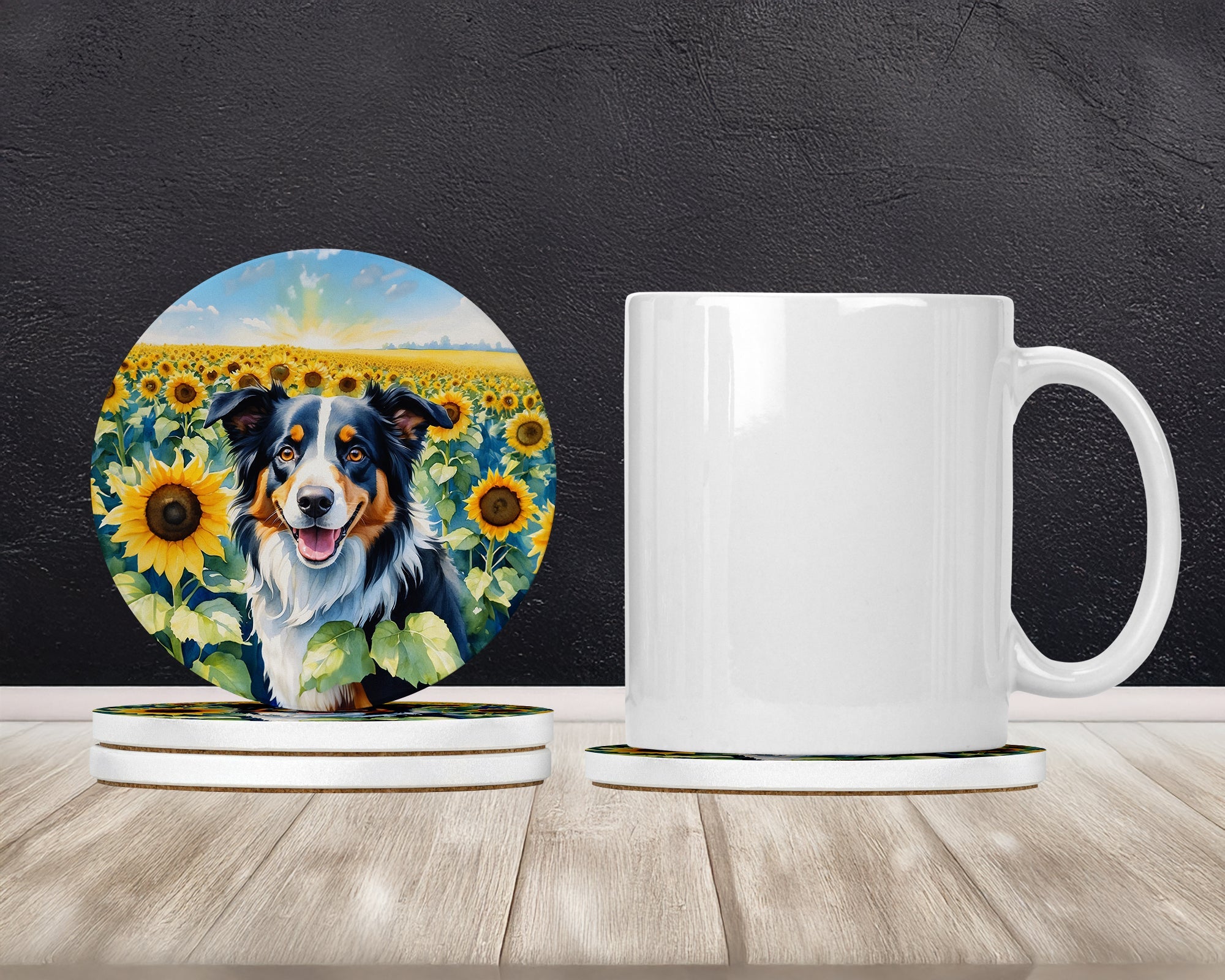 Border Collie in Sunflowers Large Sandstone Coasters Pack of 4 Absorbent Round Coasters Decor Gifts for Men or Women, 4 in, Multicolor