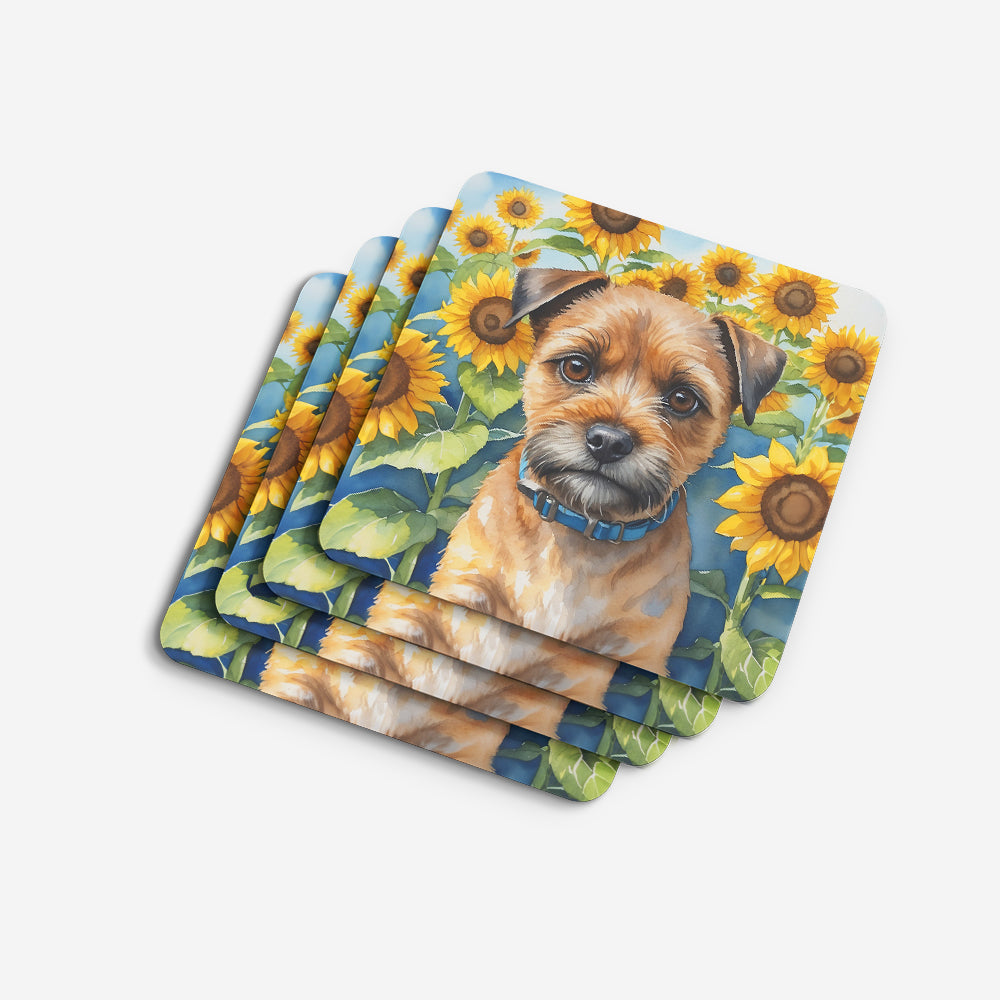 Border Terrier in Sunflowers Foam Coasters Set of 4 Cup Coasters for Indoor Outdoor, Tabletop Protection, Anti Slip, Mouse pad Material
