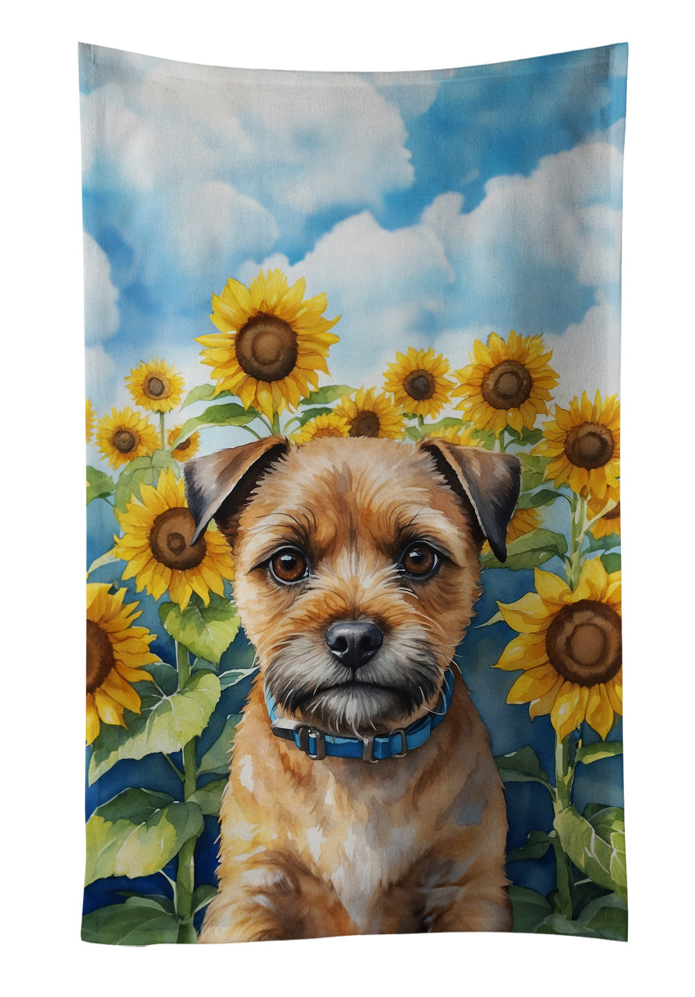 Border Terrier in Sunflowers Kitchen Towel Velour Plush Front and Cotton Loop Back Machine Washable