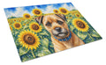 Border Terrier in Sunflowers Cutting Board Tempered Glass Kitchen Cutting Surface, Heat Resistant Chopping Board with Non-Slip Feet, Decorative Food Prep & Serving