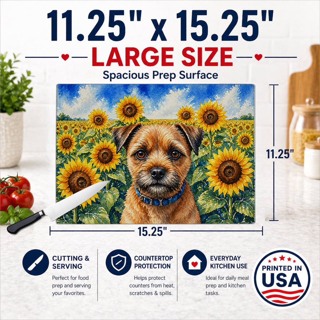 Border Terrier in Sunflowers Cutting Board Tempered Glass Kitchen Cutting Surface, Heat Resistant Chopping Board with Non-Slip Feet, Decorative Food Prep & Serving