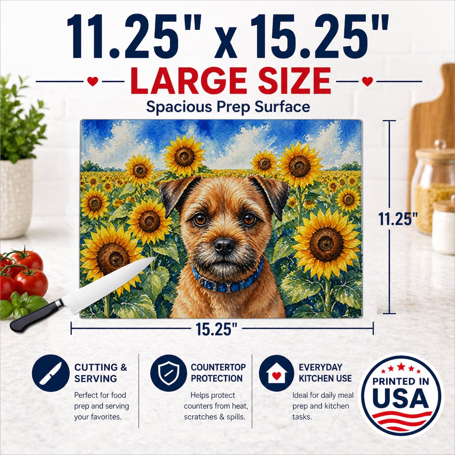 Border Terrier in Sunflowers Cutting Board Tempered Glass Kitchen Cutting Surface, Heat Resistant Chopping Board with Non-Slip Feet, Decorative Food Prep & Serving