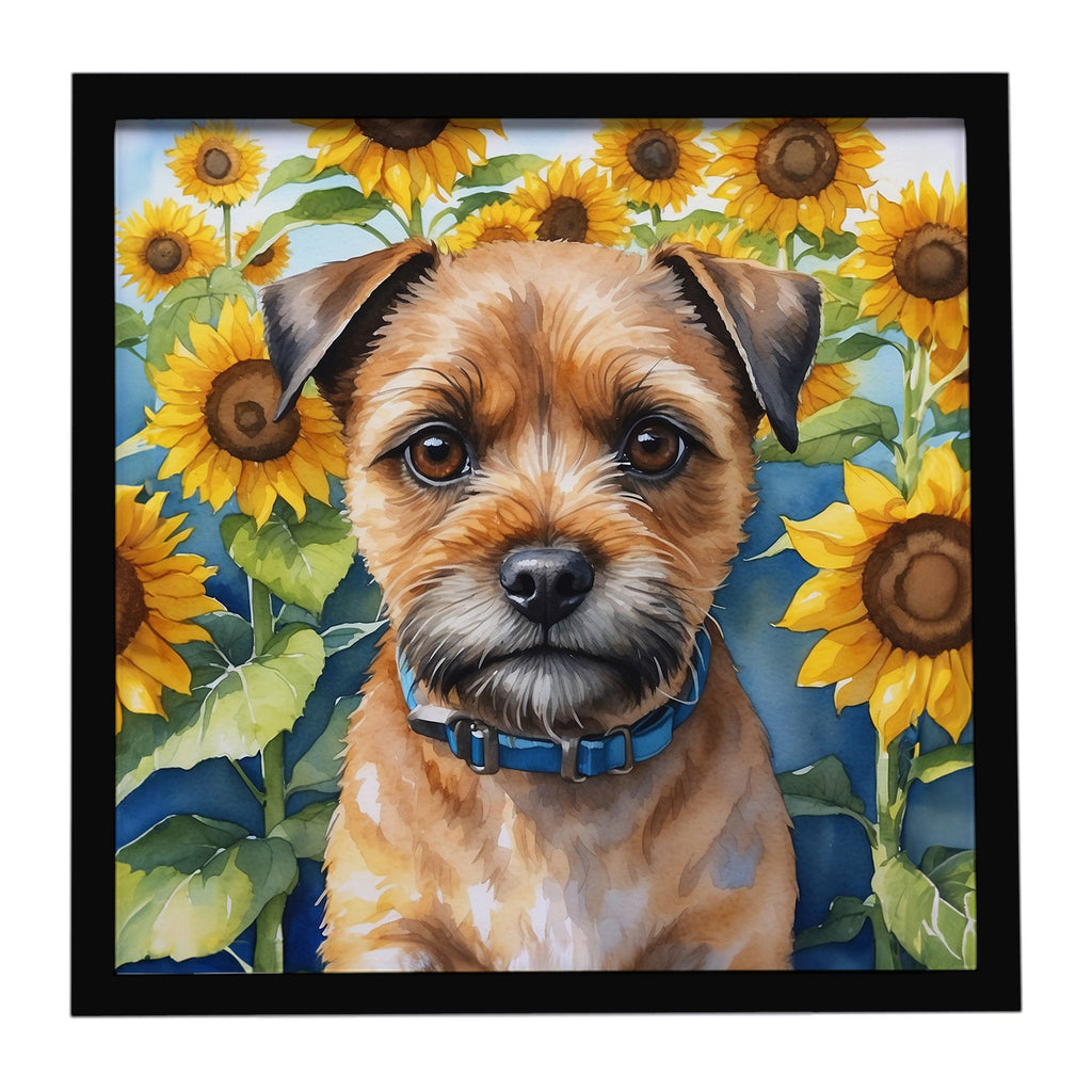 Border Terrier in Sunflowers Framed Metal Print Bathroom, Kitchen, Office, Home Decor Wall Art Ready to Hang, Square, 8X8