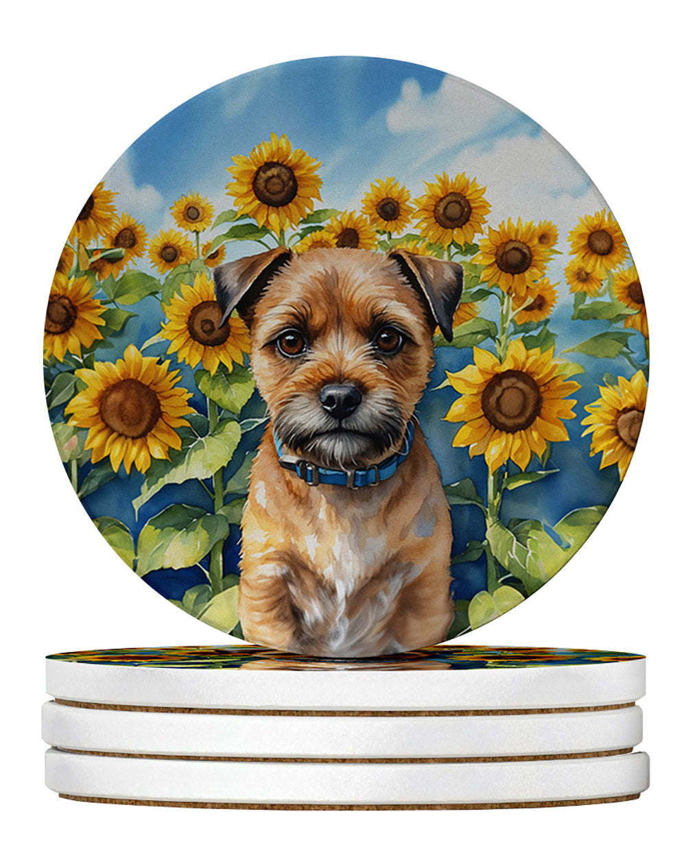 Border Terrier in Sunflowers Large Sandstone Coasters Pack of 4 Absorbent Round Coasters Decor Gifts for Men or Women, 4 in, Multicolor