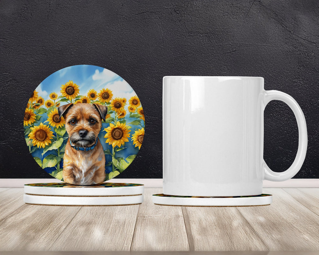 Border Terrier in Sunflowers Large Sandstone Coasters Pack of 4 Absorbent Round Coasters Decor Gifts for Men or Women, 4 in, Multicolor