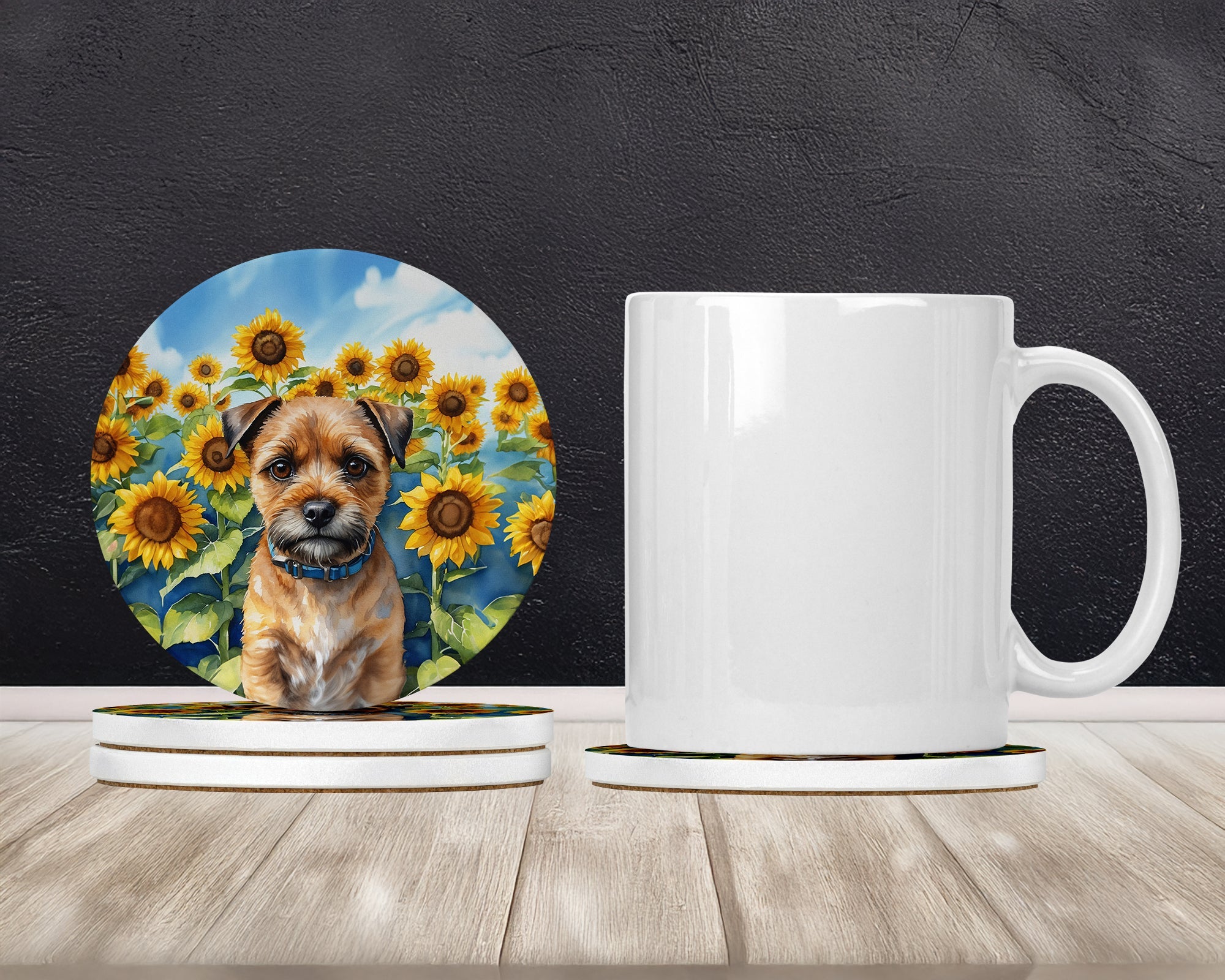 Border Terrier in Sunflowers Large Sandstone Coasters Pack of 4 Absorbent Round Coasters Decor Gifts for Men or Women, 4 in, Multicolor