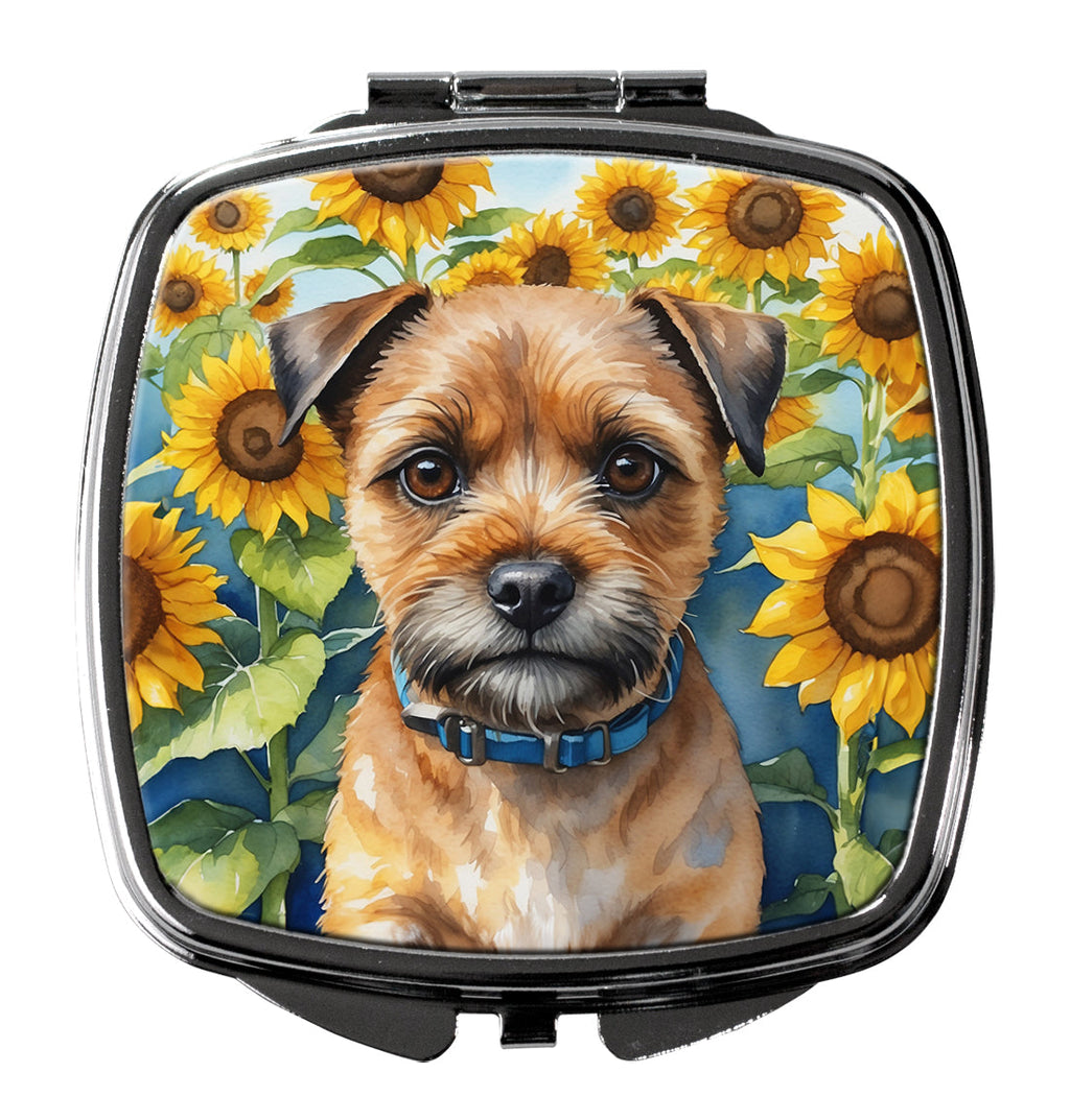 Border Terrier in Sunflowers Compact Mirror Decorative Travel Makeup Mirror for Women Girls Gifts Pocket Makeup Mirror Folding Handheld