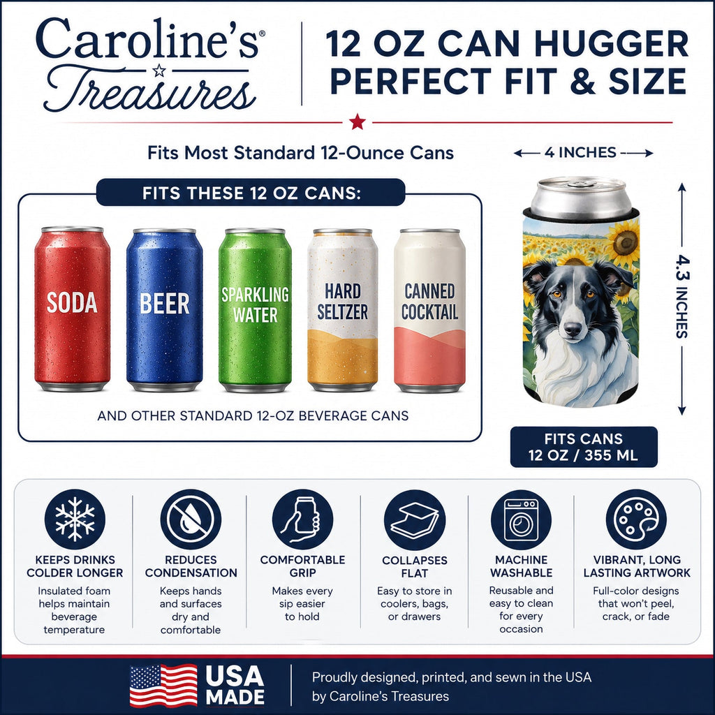 Borzoi in Sunflowers Can or Bottle Hugger Cooler Sleeve for Standard 12 oz Cans, Insulated Foam Beer & Soda Can Hugger Reusable
