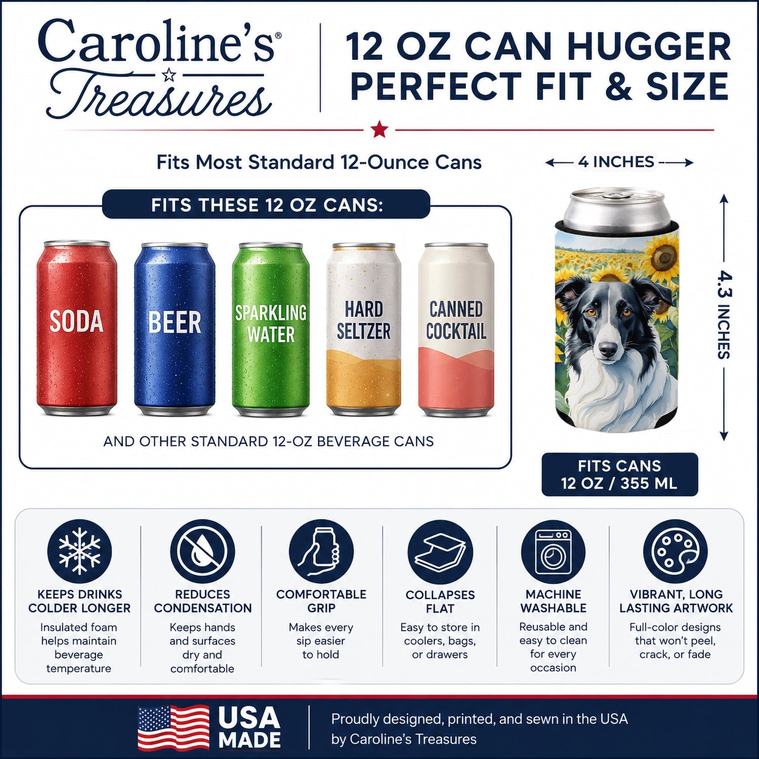 Borzoi in Sunflowers Can or Bottle Hugger Cooler Sleeve for Standard 12 oz Cans, Insulated Foam Beer & Soda Can Hugger Reusable