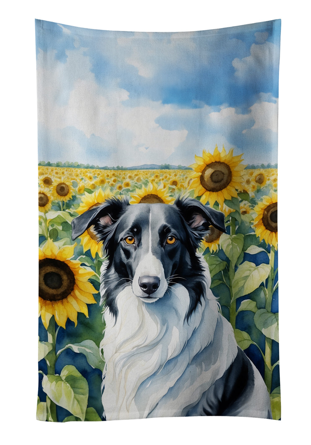 Borzoi in Sunflowers Kitchen Towel Velour Plush Front and Cotton Loop Back Machine Washable