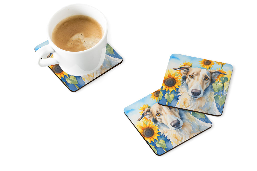 Borzoi in Sunflowers Foam Coasters Set of 4 Cup Coasters for Indoor Outdoor, Tabletop Protection, Anti Slip, Mouse pad Material