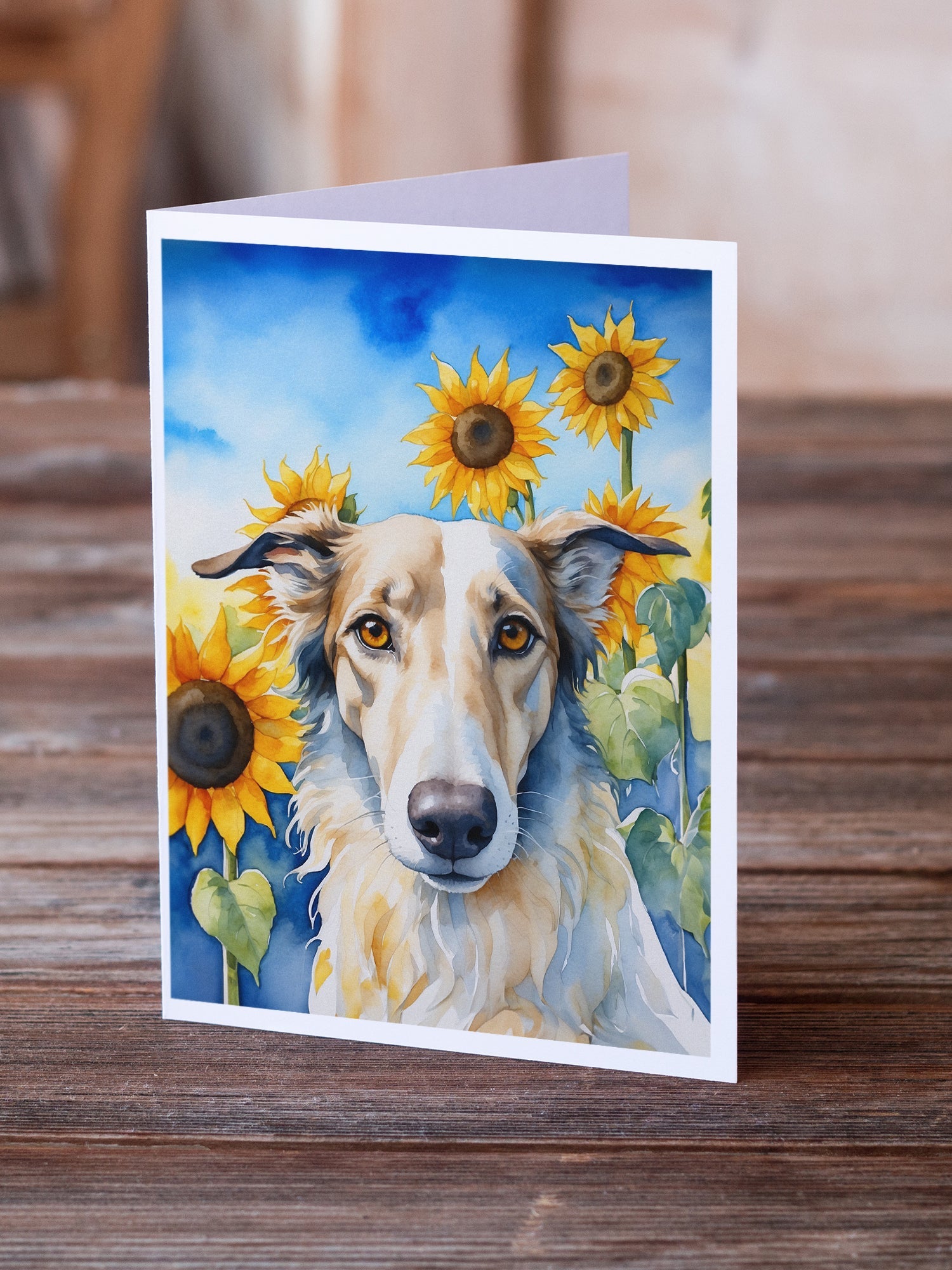 Borzoi in Sunflowers Greeting Cards Pack of 8 Blank Cards with Envelopes Whimsical A7 Size 5x7