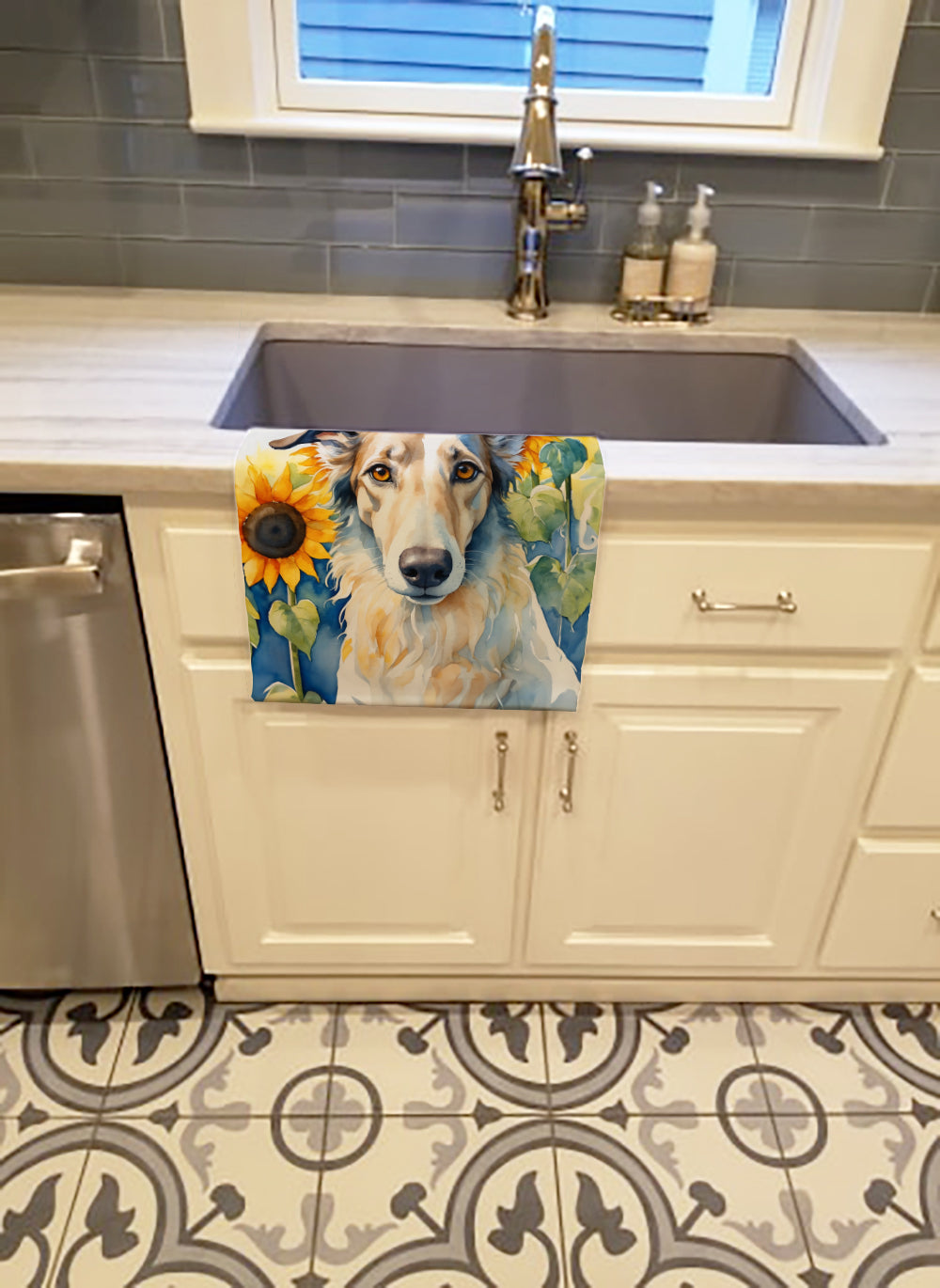 Borzoi in Sunflowers Kitchen Towel Velour Plush Front and Cotton Loop Back Machine Washable