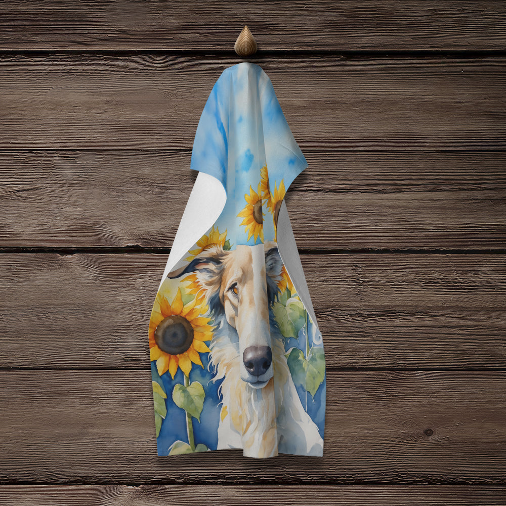 Borzoi in Sunflowers Kitchen Towel Velour Plush Front and Cotton Loop Back Machine Washable