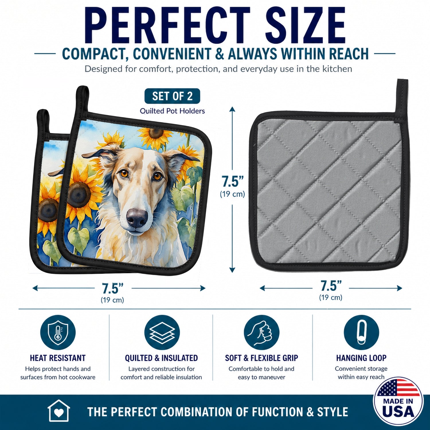 Borzoi in Sunflowers Pot Holder Set of 2 Heat Resistant Quilted Hot Pads 7.5 x 7.5 Inch, Insulated Kitchen Trivets for Cooking & Baking