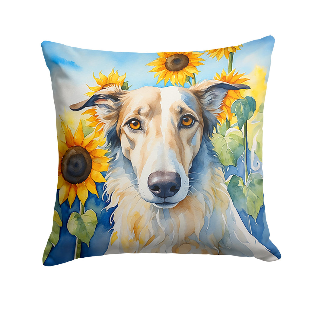 Borzoi in Sunflowers Decorative Throw Pillow 14x14 Indoor Outdoor Accent Cushion, Fabric Cover with Insert for Sofa, Bed, Porch & Living Room