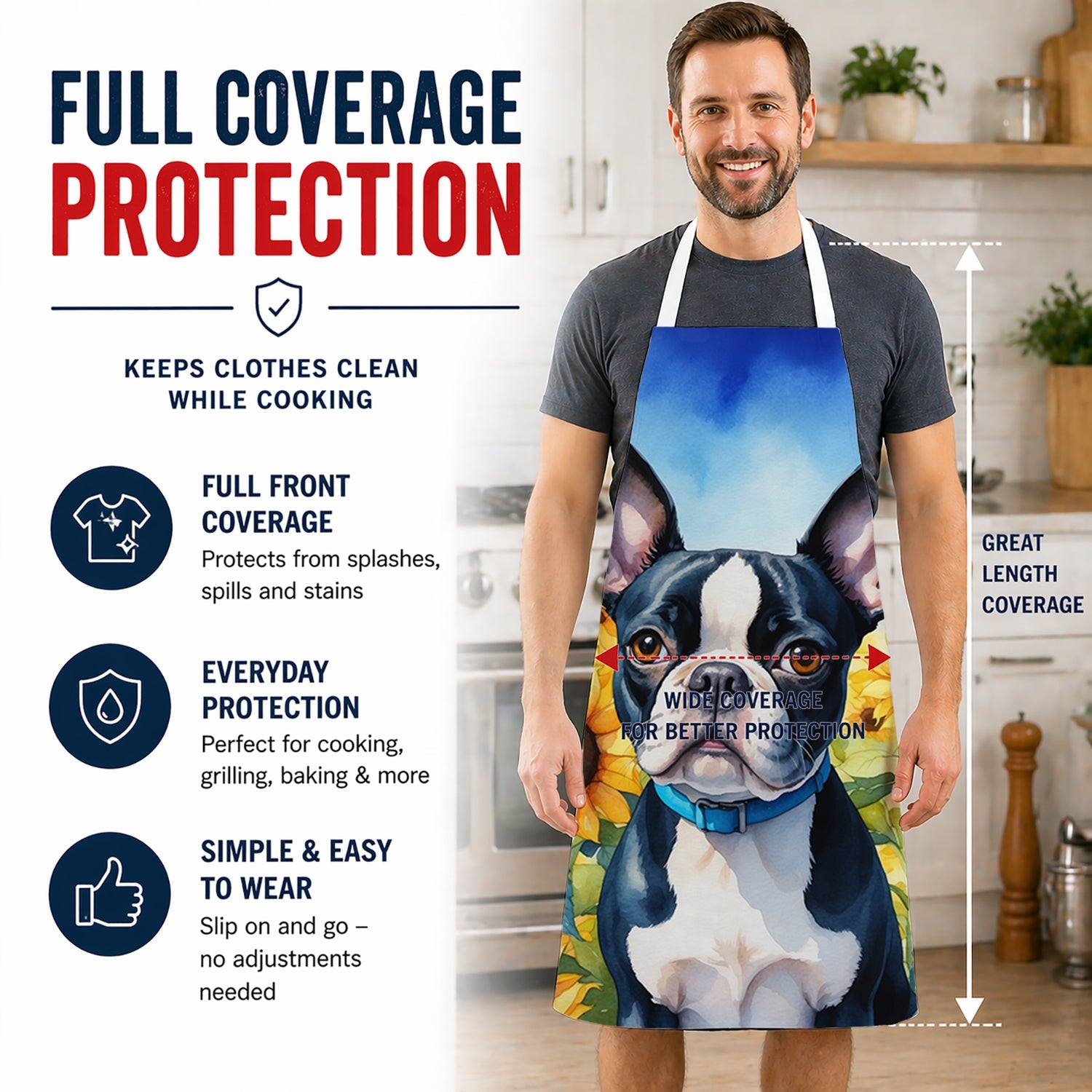 Boston Terrier in Sunflowers Apron Cooking Kitchen Server Baking Crafts Gardening for Adult Women Men, Unisex, Large, Multicolor