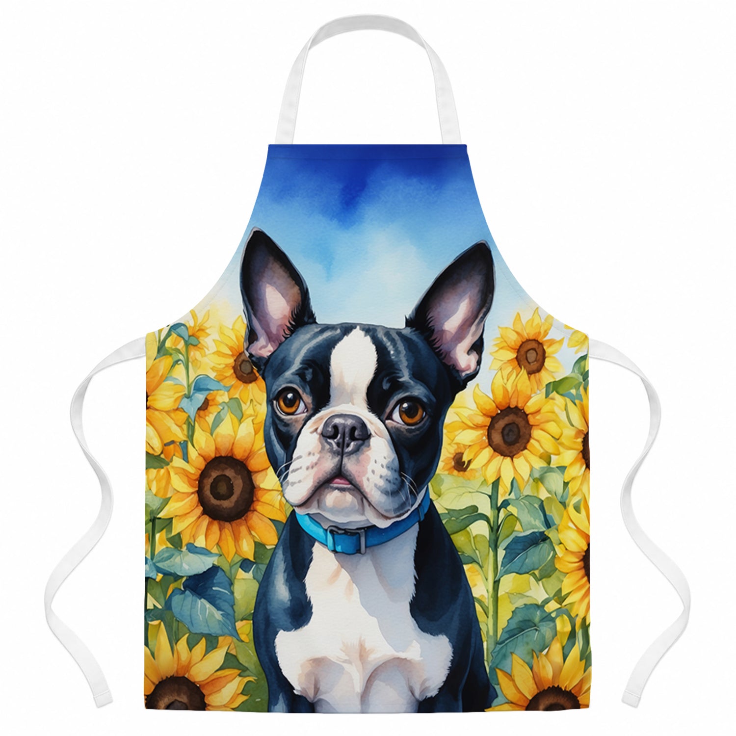 Boston Terrier in Sunflowers Apron Cooking Kitchen Server Baking Crafts Gardening for Adult Women Men, Unisex, Large, Multicolor