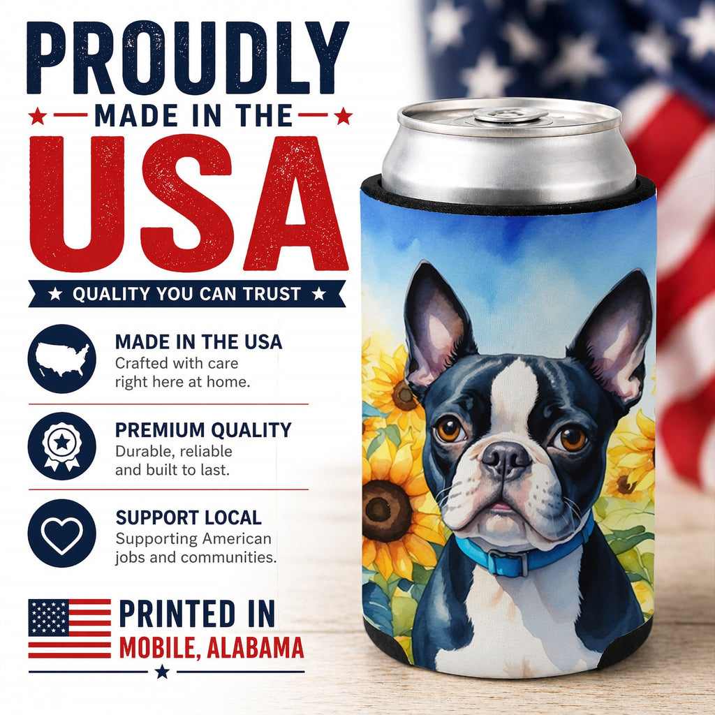 Boston Terrier in Sunflowers Can or Bottle Hugger Cooler Sleeve for Standard 12 oz Cans, Insulated Foam Beer & Soda Can Hugger Reusable