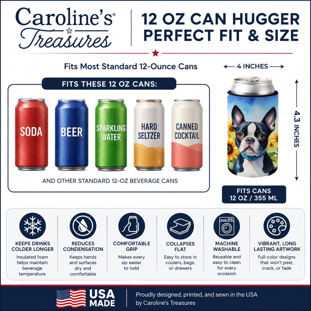 Boston Terrier in Sunflowers Can or Bottle Hugger Cooler Sleeve for Standard 12 oz Cans, Insulated Foam Beer & Soda Can Hugger Reusable